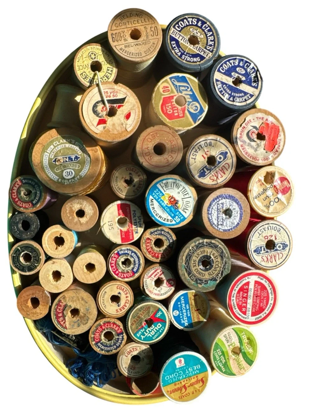 30+ Vintage Wooden Thread Spools. Most with thread. Circa 1930s to the 1960s.